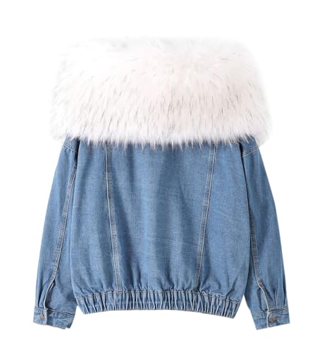 Flygo Women's Oversized Warm Sherpa Lined Faux Fur Hooded Denim Jacket Jean Coat2