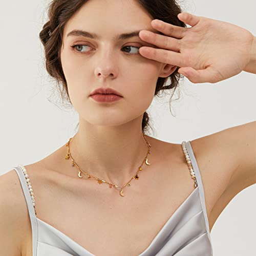 Yaduda Gold Moon And Star Sun Necklace Non Tarnish 18K Gold Plated Dainty Gold Necklace Colorful Charm Gold Choker Necklaces For Women Preppy Necklace #TOP2