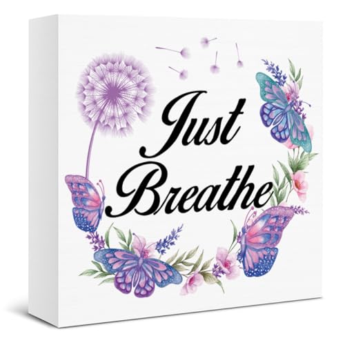 Purple Floral Spring Decor Sign - Just Breathe Butterfly Flowers Wooden Sign - Seasonal Spring Decorations for Home Farmhouse Table Desk Shelf 5 X 5 Inch
