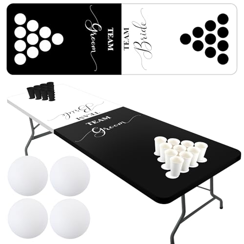 Moukeren Fitted Wedding Beer Game Tablecloth Set with 4 Pcs Game Balls 8ft Elastic Edged Bride Groom Table Cover Bachelorette Bachelor Party Decorations for Rectangle Table Wedding Party Decor