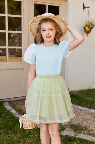 Image of Arshiner Girls Shirts Mesh Puff Short Sleeves Blouse Crewneck Cute Print Summer Kids Tee Tops