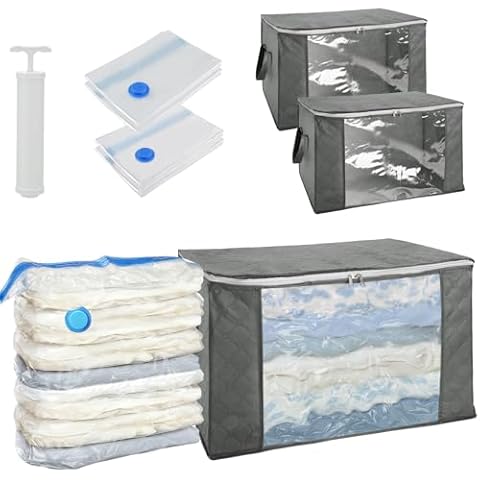 Vacuum Storage Bags with Storage Totes, Large Capacity Clothes Space Bags, Compression Seal Organizers for Clothes Comforters Blankets Pillows, 6Pcs, Gray Cover