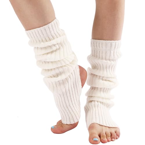 Womens Knitted Stirrup Leg Warmers Knitted Yoga Socks Winter Warm Knit Crochet Boot Cuffs Topper for Dance(White)