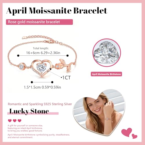 Image of 1CT Rose Heart Bracelet Moissanite Lab-Grown Sapphire Ruby Emerald&More 18K White Rose Gold Plated Anniversary Birthday Gift for Wife Girlfriend Mom Daughter Mothers Day Gift for Mom