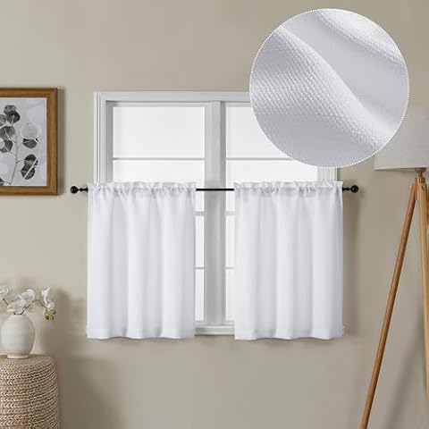Lecloud Bessie White Semi Sheer Window Curtains Set of 2, Faux Linen Cafe Kitchen Decor Curtains, Bedroom Curtain Tiers, Window Treatment Tiers for Living Room (Each 30 W x 24 L, 2 Panels Set, White) Cover