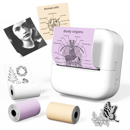 Sticker Printer M02X Mini Printer Thermal Sticker Maker Bluetooth Print Pod Inkless Pocket Printer Portable Photo Printer Come with 3 Rolls Paper for Study Notes,DIY Creation,Memories, Photo,List,Gift