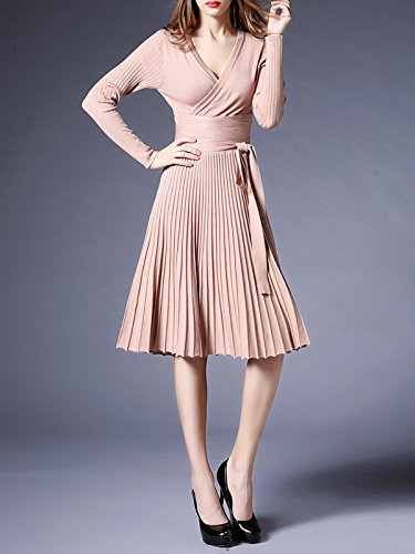 R.Viv imos Women Autumn Long Sleeve V Neck Elegant Knitted Slim Knee-Length A-Line Sweater Dress Beige One Size