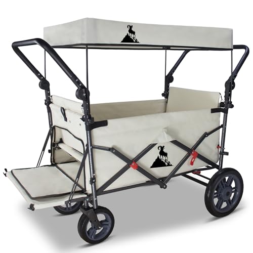 TOPWELL Bollerwagen faltbar mit 2 Sitzen | Handwagen klappbar mit Dach, Sicherheitsgurten & Bremse | Transportwagen mit hoher Stabilität (120 kg Tragkraft) (Beige)
