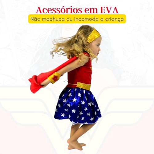 Fantasia Mulher Menina Princesa Mara Infantil Heroína Maravilhosa Vestido C/Capa e Acessórios Tamanh