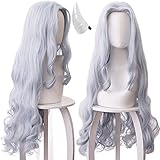 JoneTing Grey Wig + {1 Clip Horn} Anime Cosplay Costume Synthetic Long Natural Wavy Wigs for Girls