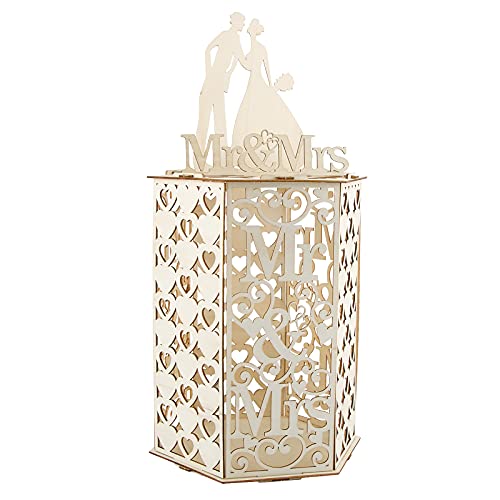 VINFUTUR Boîte de Carte de Mariage en Bois à Hexagone, DIY Boîtes à Cadeaux Coeur Décoration de Mariage, Couples Fête