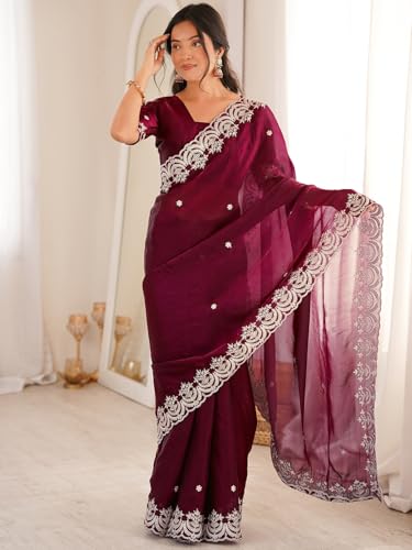 Image of SIRIL Women's Tissue Silk Sequence Embroidery Saree With Unstitched Blouse Piece