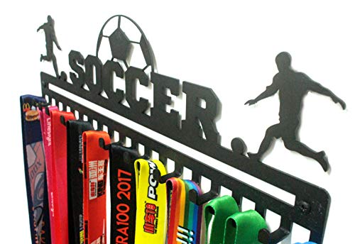 Boy Soccer Medal Hanger Display, Ribbon Holder Rack - Sports Metal Wall Mount Medal Holder Floating Shelves - 20 Easy Hanging Hooks & Easy Install Medal Rack - Great Gift for Kids or Adults (Black) - Thumbnail 3