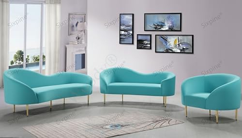 Image of Rosewood Luxury Curved Sofa in Premium Velvet-Fabric | Solid Wood Structure | High Density Foam | Sturdy Golden Legs | Comfortable & Stylish Couch for Modern Living Room (Turquoise, 2 Seater)