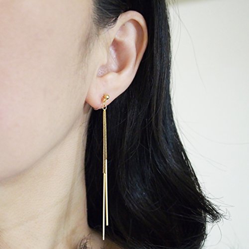 Miyabi Grace Women's Simple Long Chain Invisible Clip On Earrings Dangle Bar Gold Tone (Gold) #TOP1