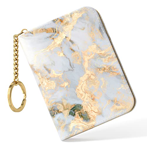 Nipichsha Women's Gray Gold Marble Leather Slim RFID Wallet, Compact Size, 12-Slot with Zipper and Keychain
