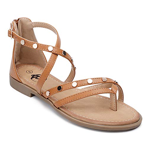 Trary Rivets Studs Flat Sandals for Women Dress Shoes Brown 08
