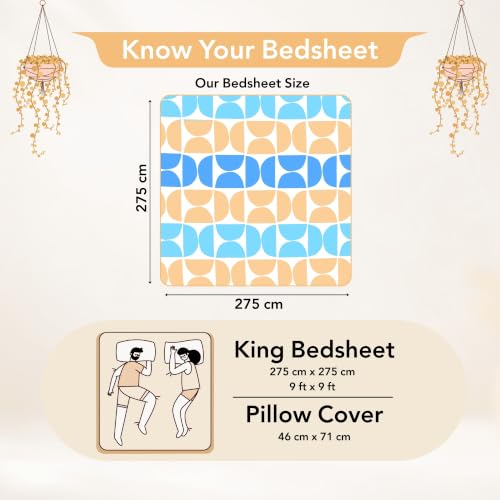 Image of Divine Casa Cotton King Size Bedsheet | 210 TC Soft Breathable Pigment Twill Satin Bed Sheet with 2 Pillow Covers | Luxury Bedding Set | 275 x 275 cm (Beige & Blue, Gemetic)