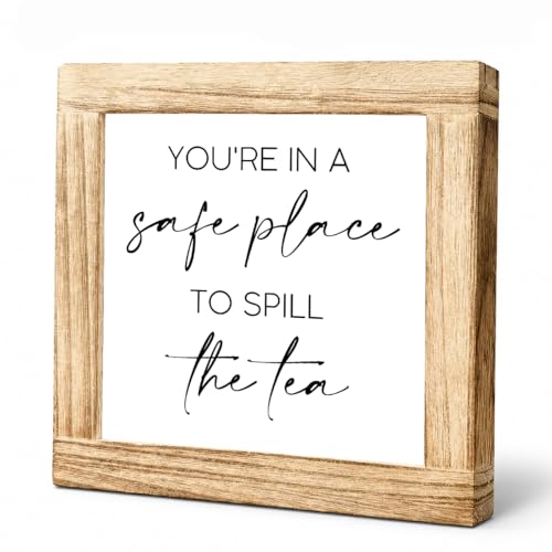 Funny Office Desk Decor Wooden Sign, Safe Place to Spill the Tea Quote Plaque, Motivational Coworker Gifts for Women, Rustic Cubicle Shelf Decor, 5.9 x 5.9 Inches
