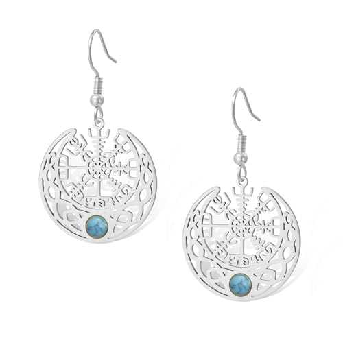Nordische Wikinger Ohrringe Edelstahl Kompass Vegvisir Dangle Mondsichel mit Türkis Keltischer Knoten Talisman Amulett Schmuck (Silber) Nordische Wikinger Ohrringe Edelstahl Kompass Vegvisir Dangle Mondsichel mit Türkis Keltischer Knoten Talisman Amulett Schmuck (Silber)