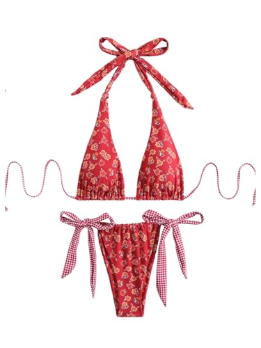Women's 2 Piece Floral Plaid Swimsuit Halter Triangle Bathing Suit Bowknot Tie Side Bikini Sets