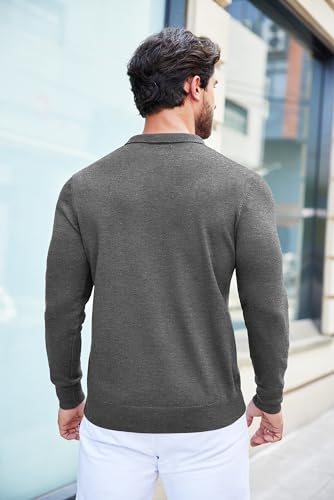 Coofandy Mens Knit Polo Shirts Casual Long Sleeve Classic Polo Shirts Button Down Golf Shirts Dark Grey thumb #3