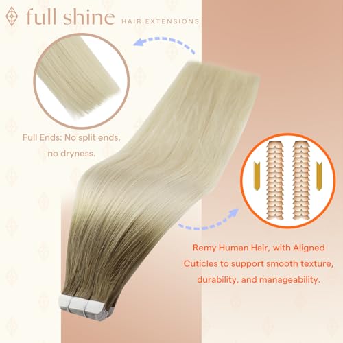Image of Full Shine Tape in Extensions, Brown Root Platinum Blonde 14 Inch | 50g 20PCS, Seamless Skin Weft Tape in Hair Extensions Human Hair, Invisible Straight Finish Soft Texture Everyday Wear