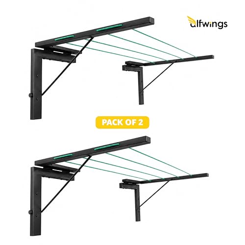 Image of Foldable Wall Mount Cloth Drying Stand | Heavy Load Capacity: Up to150 Kg | Dress Drying Hanger and Rope Metal Pipe | for Indoor, Outdoor and Balcony | (Black, Pack of 2)