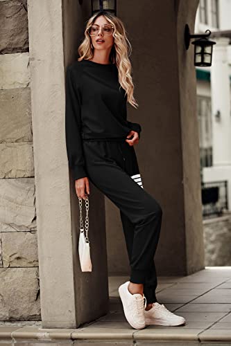 Prettygarden Women's 2023 Two Piece Striped Outfits Casual Long Sleeve Top And Sweatpants Matching Tracksuit Jogger Set (Black,Medium) #TOP2