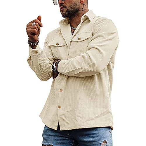 MakingDa Mens Corduroy Shirts Long Sleeve Button Down Shirt Casual Shacket Jacket with Pockets Beige XXL - Image 4