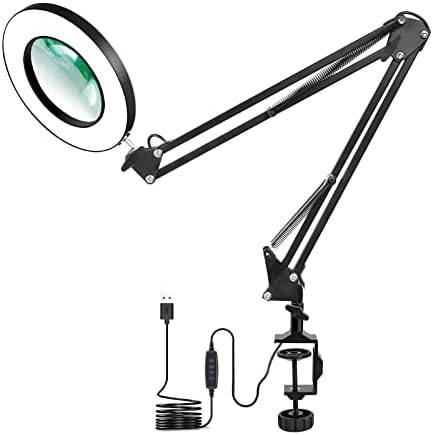 LED Magnifying Lamp with Clamp, NEWACALOX 3 Color Modes, 5-Diopter 4.1 Real Glass Lens, Adjustable Swivel Arm Lighted Magnifier Table Light for Reading Craft Close Work