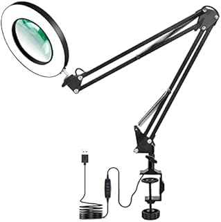 LED Magnifying Lamp with Clamp, NEWACALOX 3 Color Modes, 5-Diopter 4.1 Real Glass Lens, Adjustable Swivel Arm Lighted Magnifier Table Light for Reading Craft Close Work