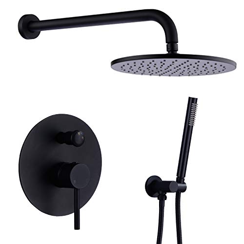 TRUSTMI Shower System, Wall Mounted Shower Faucet Set with 10-Inch Rainfall Shower Head and Handheld, Pressure Balance Valve with Trim Kit and Diverter, Matte Black