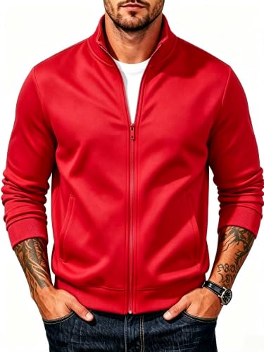 TUVEKE Red Men'S Full Zip Fleece Jackets Mock Neck Sweatshirts Lightweight Long Sleeve Jacket Casual Outfit With pockets 2XL