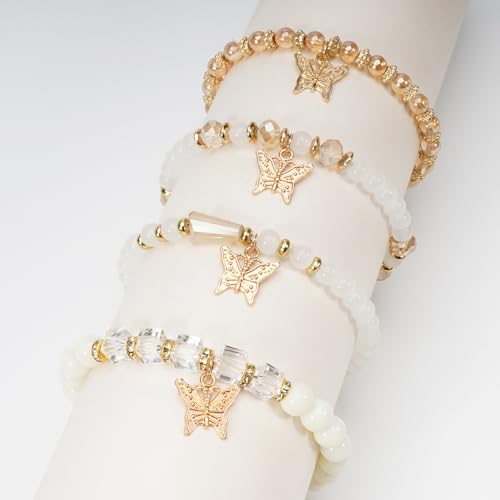 Briutn 4-Piece Butterfly Charm Beaded Bracelet Layered Stretch Stackable Bracelets Boho Jewelry for Women by Briutn - Used condition - Image 3