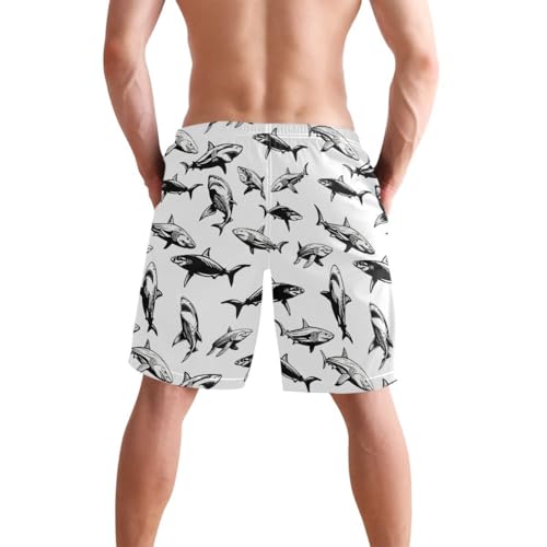 Fish Shark Black and White Mens Swim Trunks Quick Dry Beach Shorts with Pocket S 23028573