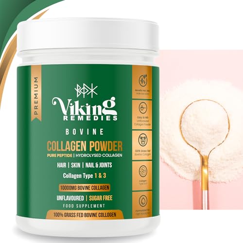 Hydrolysed Bovine Collagen Powder 300g – Grass Fed Collagen Peptides Type I & III – 10,000mg Per Serving – 30 Day Supply – Unflavoured Collagen for Skin Hair Nails & Joint Support – Viking Remedies