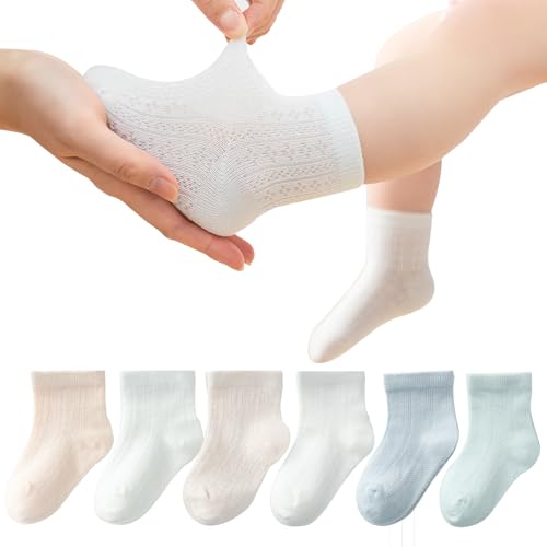 Baby Girls Boys Cotton Socks Soft Mesh Thin Breathable Crew Ankle Dress Sock for kids, 6 Pairs