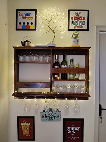 Indigo interiors Jorden Wooden Wall Hanging Design Bar | Bar Cabinets for Home | Mini Bar for Home | Solid Wood Make Wine Storage Cabinet with Glass Hanging Space-Walnut Finish (Molding)