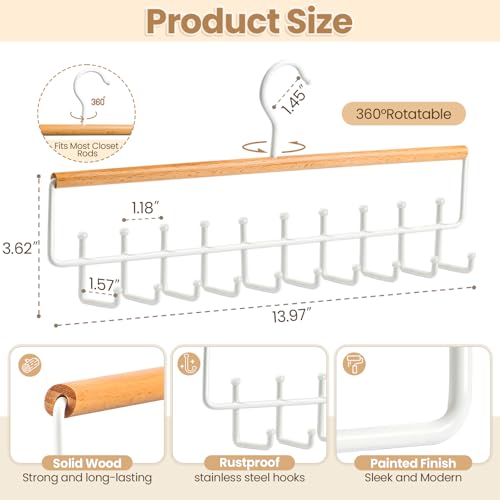 2PCS Tie Rack Hanger for Closet Upgraded 2-in-1 Tie and Belt Hanger Non Slip Tie Rack with 20 Hooks Tie Hanger Space Saving Wooden Belt Tie Organizer for Tank Tops Bras Cami Scarves, Wooden — view 4