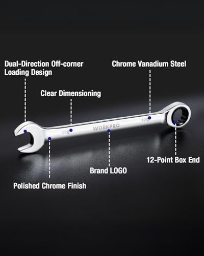 Image of WORKPRO 1 /2 inch Ratcheting Combination Wrench, Mirror Polish Chrome Plating