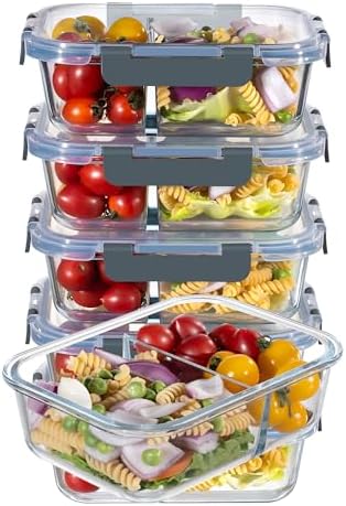 MFY 5 Packungen mit 36-Unzen-glasbehälter mit deckel, frischhaltedosen mit deckel, Meal Prep Boxen Glas mit 2 Fächern, Spülmaschinen- Mikrowellen, Grau