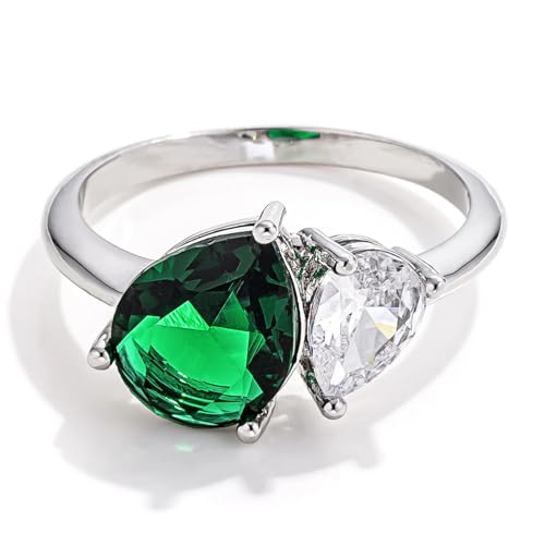 Toi et Moi Pear Teardrop Shape Clear White & Green Simulated Emerald Cubic Zirconia CZ Engagement Ring