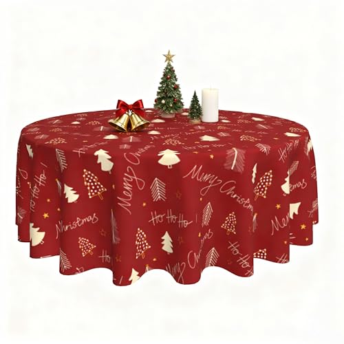 Image of Merry Christmas Round Tablecloth 60 Inch Ho Ho Ho Red with Xmas Trees Table Cover Waterproof Wipeable for Winter Home Kitchen Restaurant Parties Holiday Decor