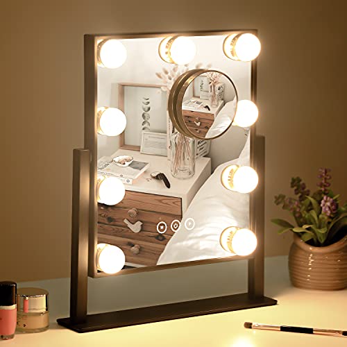 Image of Kotdning Vanity Mirror with Lights,Lighted Vanity Mirror with 9 Dimmable Bulbs for Dressing Room & Bedroom,3 Color Lighting,Modes Detachable 10x Magnification 360Ratation (Black) 12 inch L x 14.4 inch W