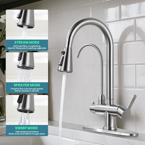 Kitchen Faucet with Water Filter Faucet, Brushed Nickel Stainless Steel Drinking Water Faucet, High Arc 2 Handle Kitchen Sink Faucet with Pull Down Sprayer for Kitchen Sink Farmhouse Bar by ALEASHA - Used condition - Image 3