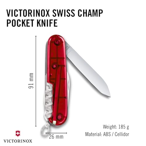 Image of Victorinox Swiss Champ Swiss Army Knife, 33 Functions, Swiss Made Pocket Knife with Large Blade, Screwdriver, Chisel and Combination Pliers - Ruby | Swiss Made pocket knife with stainless steel pliers, scissors, and large blade. Compact 91mm toolbox for camping or DIY