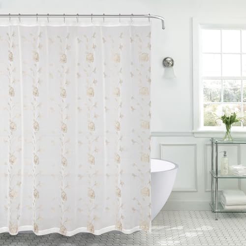 Sheer Creme Fabric Shower Curtain, Embroidered Gold Flowers, 70x72