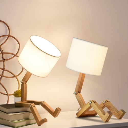 MUMENG Robot Cute Desk Lamp Set of 2, Wooden Bedside
