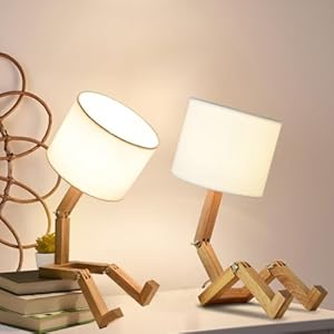 Robot Cute Desk Lamp Set of 2, Wooden Bedside Table Lamp Unique Fun Robot Lamp Quirky Cool Lamp for Home, Kids Room, Living Room, Coffee Shop, Adjustable Lamp Body